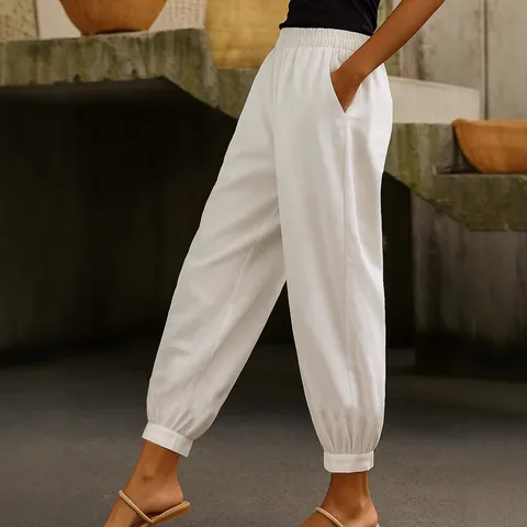 Pantalon Décontracté en Coton Lin pour Femmes Taille Élastique Pantalon Fuselé Couleur Unie Jogger Longueur Totale Avec Poches Latérales Style Rétro