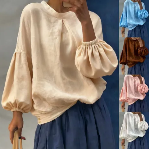 Blusa Casual de Mezcla de Algodón para Mujer Manga Larga Abullonada Vintage Cuello Redondo Jersey Ajuste Holgado Camisa