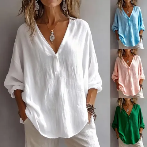 Women Casual Cotton Blend V Neck Button Up Top Loose Solid Color Long Sleeve Pullover Blouse For Autumn Daily Wear