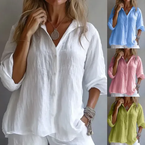 Dames Casual Katoenen Blouse Lange Mouw Knoopsluiting Shirt Losse Revers Effen Kleur Vintage Top Mode Blouse