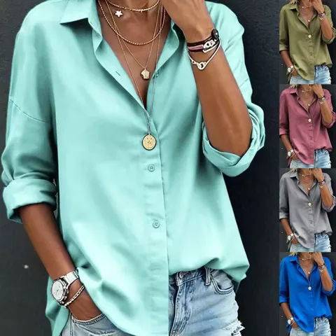 Women Casual Long Sleeve Lapel Shirt Polyester Spandex Single Breasted Woven Blouse Solid Color Fashion Autumn Tops