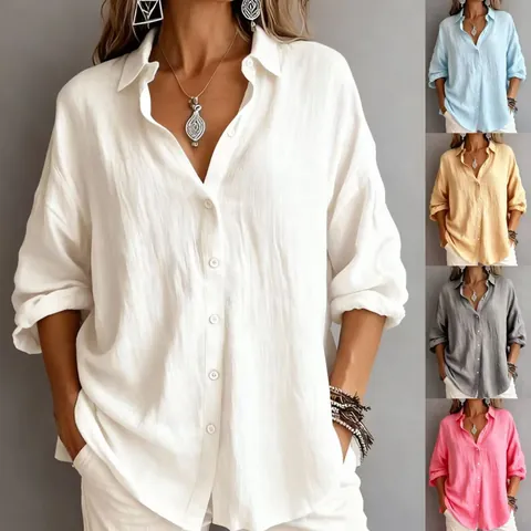 Camisa de Mujer Casual Holgada Color Sólido Manga Larga Solapa Blusa Vintage Mezcla de Algodón Top Camisa Cómoda Diaria