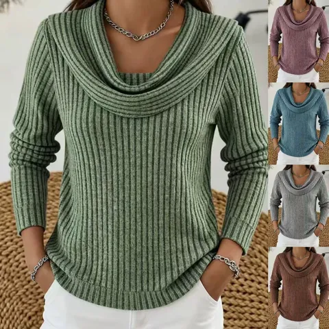 Women's Casual Loose Ribbed Knit Cowl Neck Sweater Long Sleeve Polyester Spandex Soft Pullover Top For Autumn Winter