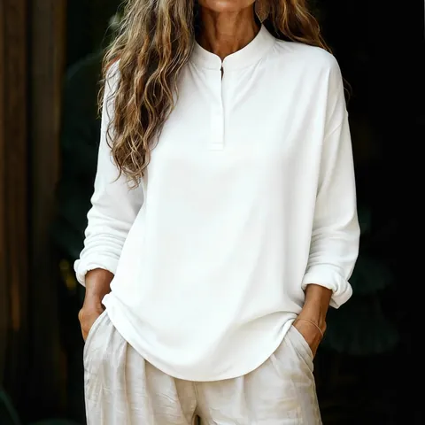 Women Casual Solid Color Long Sleeve Pullover Blouse Round Neck Loose Fit Polyester Spandex Shirt Top