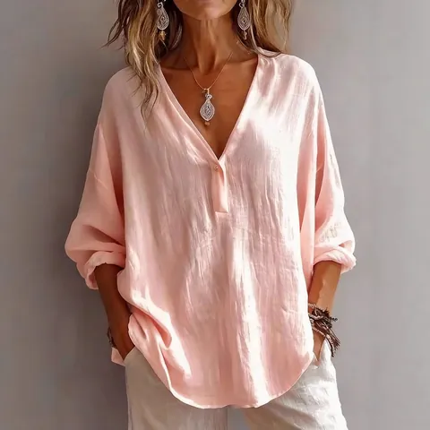 Women Casual Cotton Blend V Neck Button Up Top Loose Solid Color Long Sleeve Pullover Blouse For Autumn Daily Wear