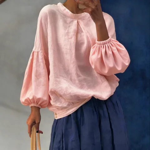 Blusa Casual de Mezcla de Algodón para Mujer Manga Larga Abullonada Vintage Cuello Redondo Jersey Ajuste Holgado Camisa