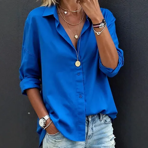 Women Casual Long Sleeve Lapel Shirt Polyester Spandex Single Breasted Woven Blouse Solid Color Fashion Autumn Tops