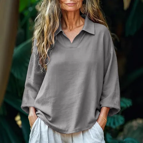 Dames Casual Losse Katoenmix Lange Mouw Overhemd Vintage Effen Kleur Revers V-Hals Pullover Top Herfst Mode Blouse