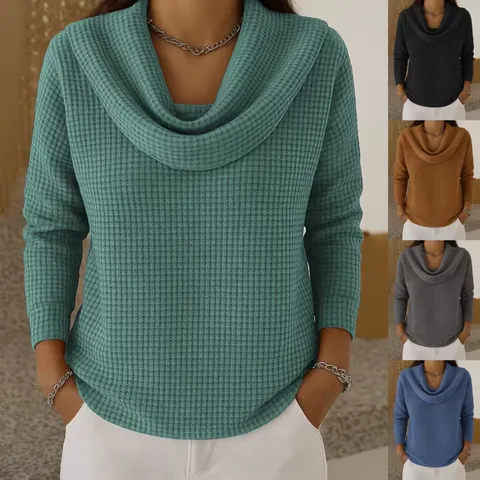 Damen Herbst Waffelstrick Wasserfall-Ausschnitt Langarm Oberteil Casual Locker Einfarbig Polyester Pullover Mode Kleidung