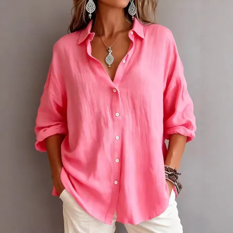 Camisa de Mujer Casual Holgada Color Sólido Manga Larga Solapa Blusa Vintage Mezcla de Algodón Top Camisa Cómoda Diaria