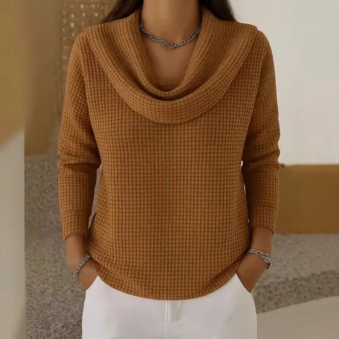 Damen Herbst Waffelstrick Wasserfall-Ausschnitt Langarm Oberteil Casual Locker Einfarbig Polyester Pullover Mode Kleidung