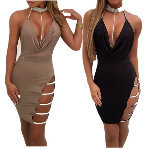 Σέξι Γυναικείο Μίνι Φόρεμα Bodycon με Στρας Λαιμόκοψη Halter Πλευρικό Σχίσιμο Εξώπλατο Χλωριοΐνες Σπάντεξ Πάρτι Φόρεμα