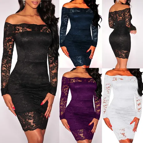Vestito da Donna Sexy con Spalle Scoperte in Pizzo Intagliato Elegante a Maniche Lunghe per Serata e Party in Boîte