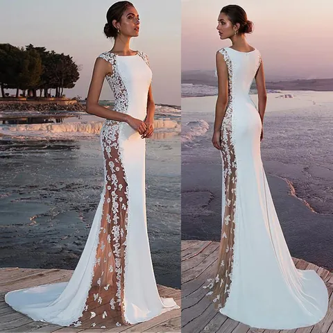 Robe Longue Sexy en Dentelle pour Femmes Épissure Creuse Sans Manches Col Rond Coupe Ajustée Blanche Robe de Soirée Élégante Resort Wear