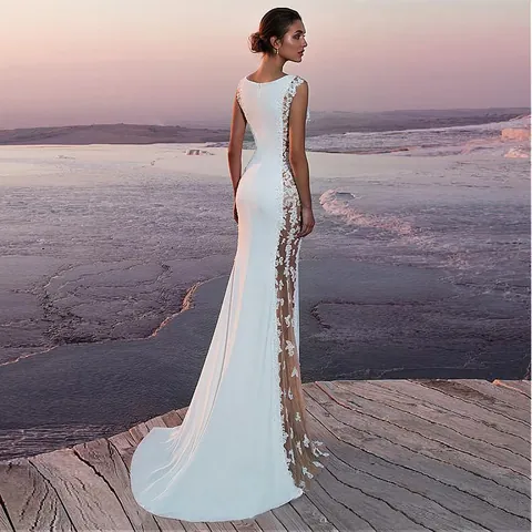 Robe Longue Sexy en Dentelle pour Femmes Épissure Creuse Sans Manches Col Rond Coupe Ajustée Blanche Robe de Soirée Élégante Resort Wear