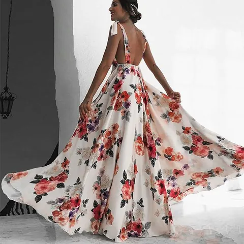 Abito Maxi da Donna Stampa Floreale Bohemian Sexy Schiena Scoperta Spalline Sottili Scollo V Ampio Estate Spiaggia Vacanza Lungo