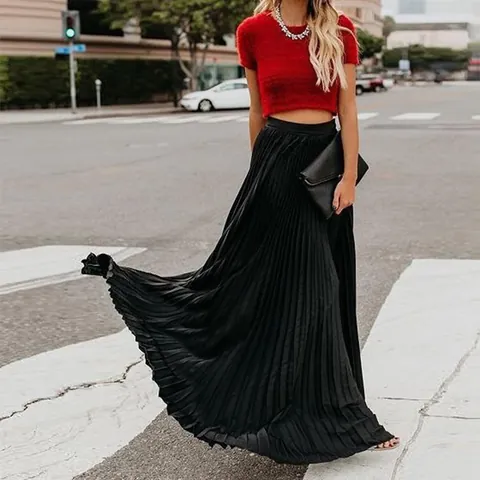 Gonna Maxi Plissettata in Misto Seta e Chiffon Elegante da Donna a Vita Alta Tinta Unita Linea a A Fluida per Viaggi Vacanze Streetwear