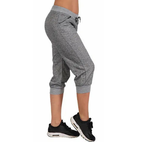 Women's Cropped Harem Sweatpants Elastic Drawstring Waist Cuffed Hem Sports Casual Capris Pants Heathered Polyester Bottom