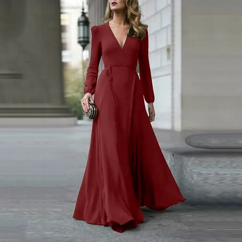 Robe Longue Élégante pour Femme Col en V Manches Longues Couleur Unie Lacet Taille Coupe Évasée Robe Mode Décontractée Robe Longue