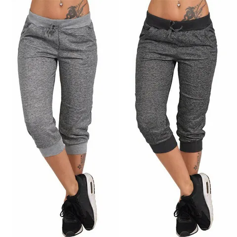 Women's Cropped Harem Sweatpants Elastic Drawstring Waist Cuffed Hem Sports Casual Capris Pants Heathered Polyester Bottom