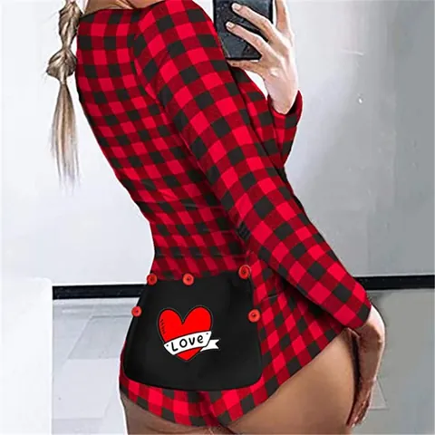 Barboteuse à manches longues pour femmes avec rabat à boutons Tissu polyester avec divers motifs pour des vêtements de nuit confortables