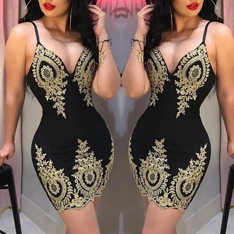 Vestito Bodycon da Donna Sexy Scollo a V con Spalline Sottili Applicazione in Pizzo Oro Minivestito da Discoteca Poliestere Festa