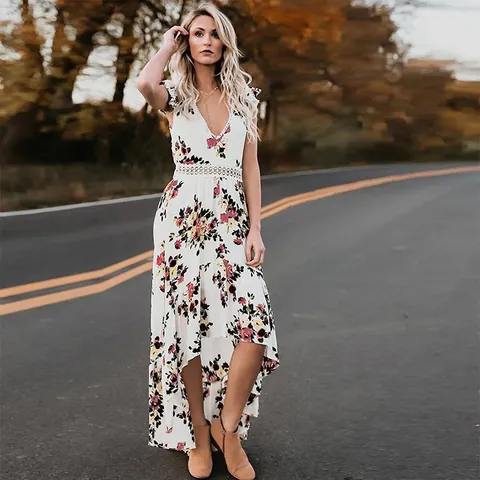 Abitino Maxi da Donna Scollo a V Senza Maniche con Motivo Floreale Orlo Asimmetrico Elegante Stile Bohémien Senza Schienale Patchwork in Pizzo Festa