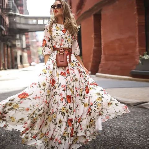 Vestito Lungo Maxi da Donna a Stampa Floreale Bohemien Girocollo Manica a 3/4 Orlo Svasato Con Cintura e Marsupio per Vacanza Casual