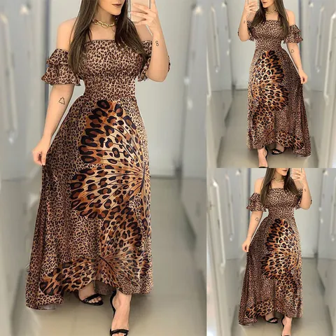 Abito da Donna Maxi Scollo a Barca Stampa Leopardata e Farfalla Manica a Volant Punto Smock in Vita Abito da Sera Estivo Casual