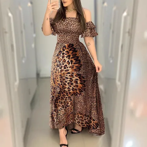 Abito da Donna Maxi Scollo a Barca Stampa Leopardata e Farfalla Manica a Volant Punto Smock in Vita Abito da Sera Estivo Casual