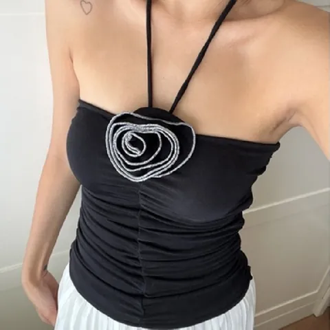 Canotta da Donna con Scollo all'Americana e Rosa 3D Top Sexy Increspato a Tinta Unita in Poliestere per Feste Appuntamenti Vacanze