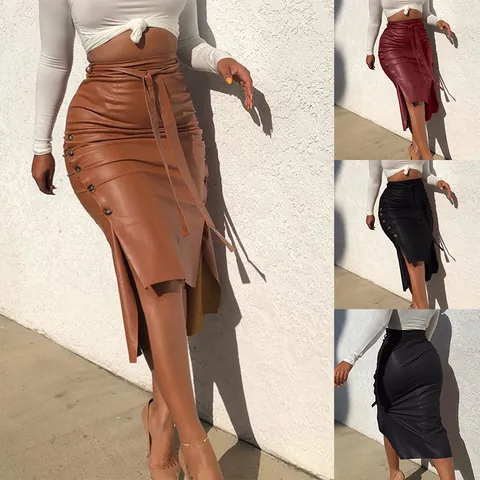 Women High Waist PU Leather Midi Skirt With Slit Metal Button Decor Tie Waist Slim Fit Bodycon Pencil Skirt Casual Party Bottom