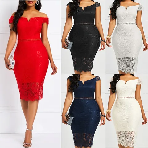 Vestito Midi in Pizzo da Donna Elegante con Scollo a V e Spalle Scoperte Abito Bodycon Aderente Manica Corta per Festa Serale