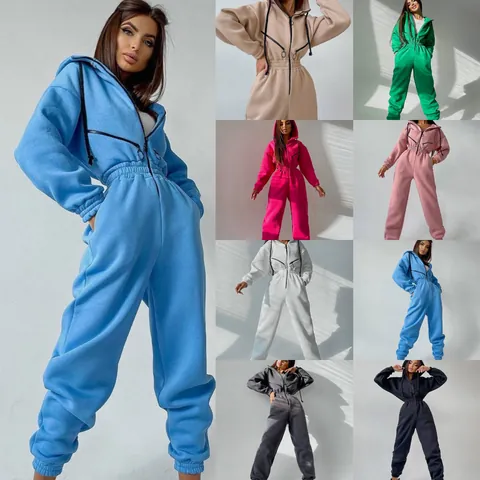 Damen Kapuzen Jumpsuit Einfarbig Langarm Reißverschluss Sportlich Lässig Top And Bottom Mode Streetwear