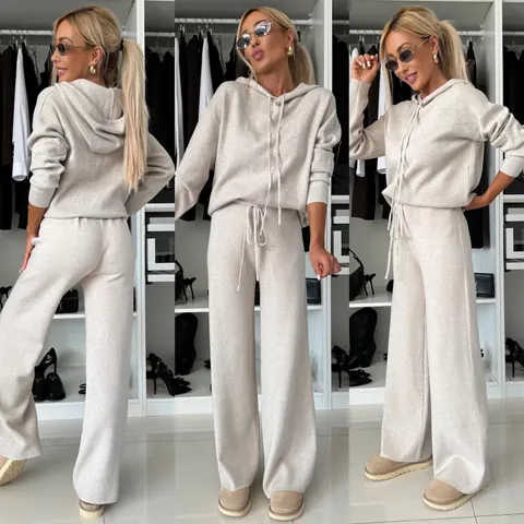 Ensemble Top And Bottom Femme Couleur Unie Sweat à Capuche et Pantalon Large Cordon de Serrage Manches Longues Polyester Automne Hiver