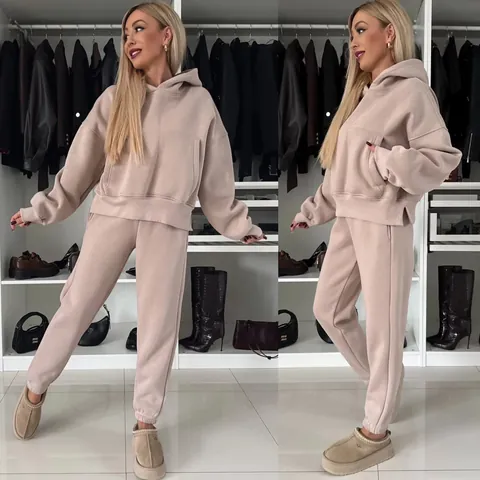 Women Fashion Tracksuit Solid Color Hooded Long Sleeve Sweatshirt And Cuffed Pants Top And Bottom Casual Fleece Outfits