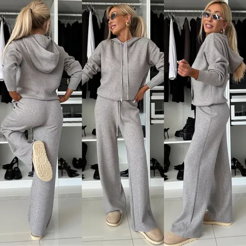 Ensemble Top And Bottom Femme Couleur Unie Sweat à Capuche et Pantalon Large Cordon de Serrage Manches Longues Polyester Automne Hiver