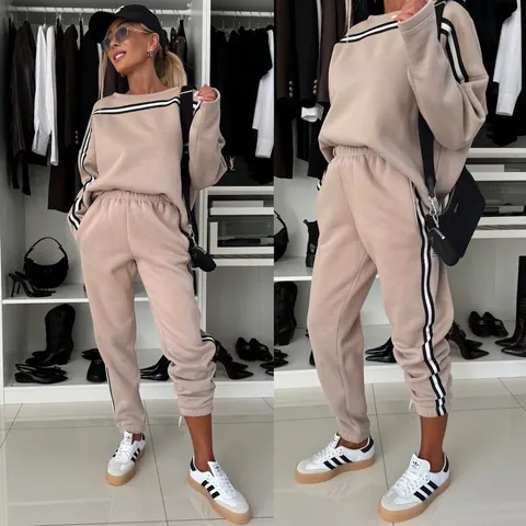 Women Casual Color Block Top And Bottom Round Neck Long Sleeve Sweatshirt Jogger Pants Sporty Fashion Tracksuit