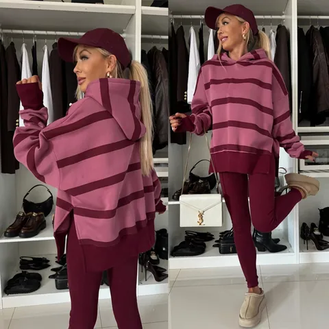 Set Top And Bottom Casual Oversize da Donna in Poliestere con Felpa con Cappuccio e Pantaloni a Righe Leopardate per Autunno Inverno