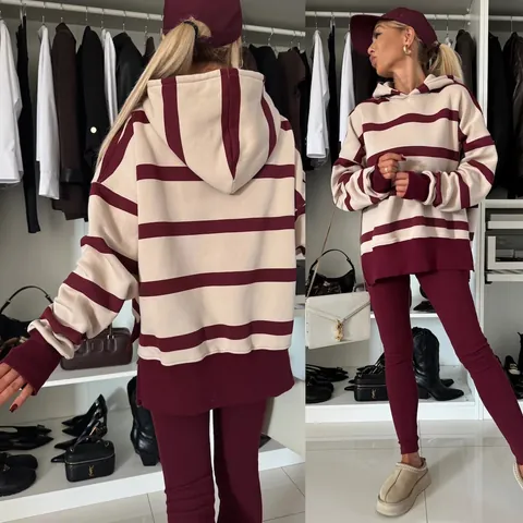 Set Top And Bottom Casual Oversize da Donna in Poliestere con Felpa con Cappuccio e Pantaloni a Righe Leopardate per Autunno Inverno