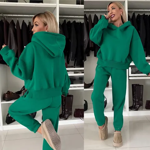 Women Fashion Tracksuit Solid Color Hooded Long Sleeve Sweatshirt And Cuffed Pants Top And Bottom Casual Fleece Outfits