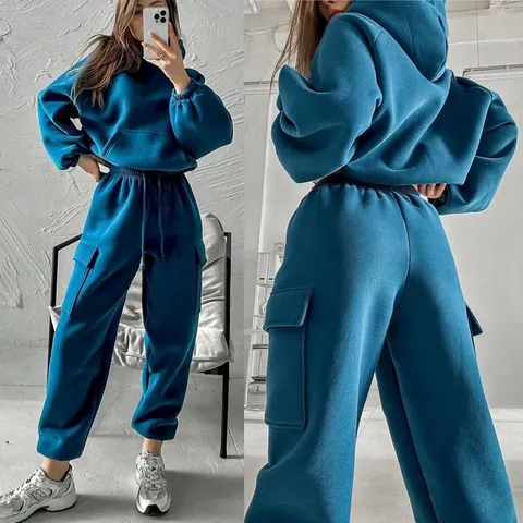 Western Fashion Women Sporty Casual Hoodie Set Fleece Hooded Sweatshirt Cargo Sweatpants Oversized Two Piece Outfit For Autumn Winter