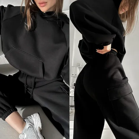 Western Fashion Women Sporty Casual Hoodie Set Fleece Hooded Sweatshirt Cargo Sweatpants Oversized Two Piece Outfit For Autumn Winter