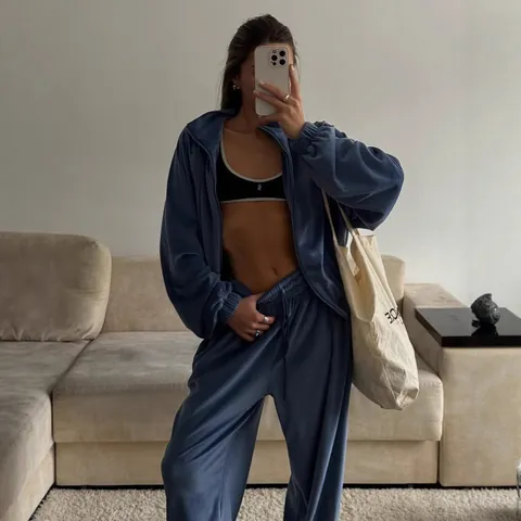 Conjunto de Chándal de Terciopelo Casual para Mujer Color Sólido Chaqueta con Capucha y Cremallera y Pantalones de Pierna Ancha de Cintura Alta Top And Bottom