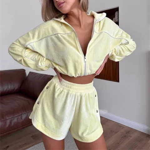 Women Velvet Tracksuit Stand Collar Zipper Cropped Top And Shorts Striped Slim Fit Casual Sportswear Top And Bottom