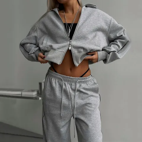 Women Casual Sporty Top And Bottom Cardigan Zip Up Jacket And Drawstring Sweatpants Tracksuit Solid Contrast Striped Outfit