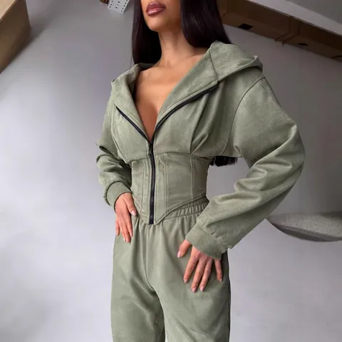 Women's Western Style Autumn Winter Solid Color Tracksuit Set Cinching Hooded Zipper Sweatshirt Top And Bottom Pants Set