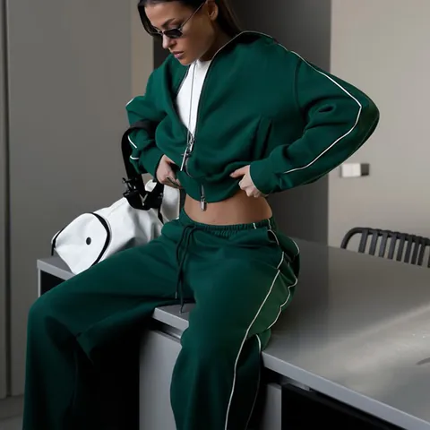 Women Casual Sporty Top And Bottom Cardigan Zip Up Jacket And Drawstring Sweatpants Tracksuit Solid Contrast Striped Outfit
