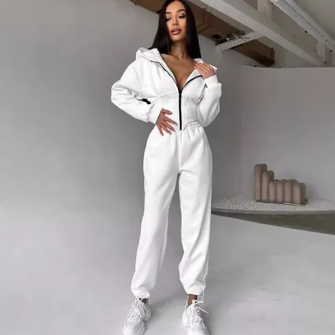 Women's Western Style Autumn Winter Solid Color Tracksuit Set Cinching Hooded Zipper Sweatshirt Top And Bottom Pants Set