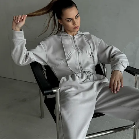 Women Casual Two Piece Set Polyester Spandex Hooded Zipper Sweatshirt and Drawstring Wide Leg Pants Fall Outfits Top And Bottom